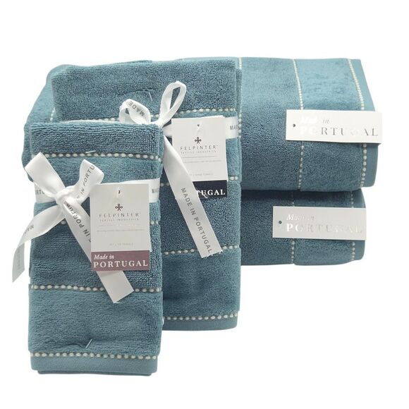 Felpinter 6pc 100% Cotton Towels Set Dark Aqua Stitched Stripe Made in Portugal - Picture 1 of 11